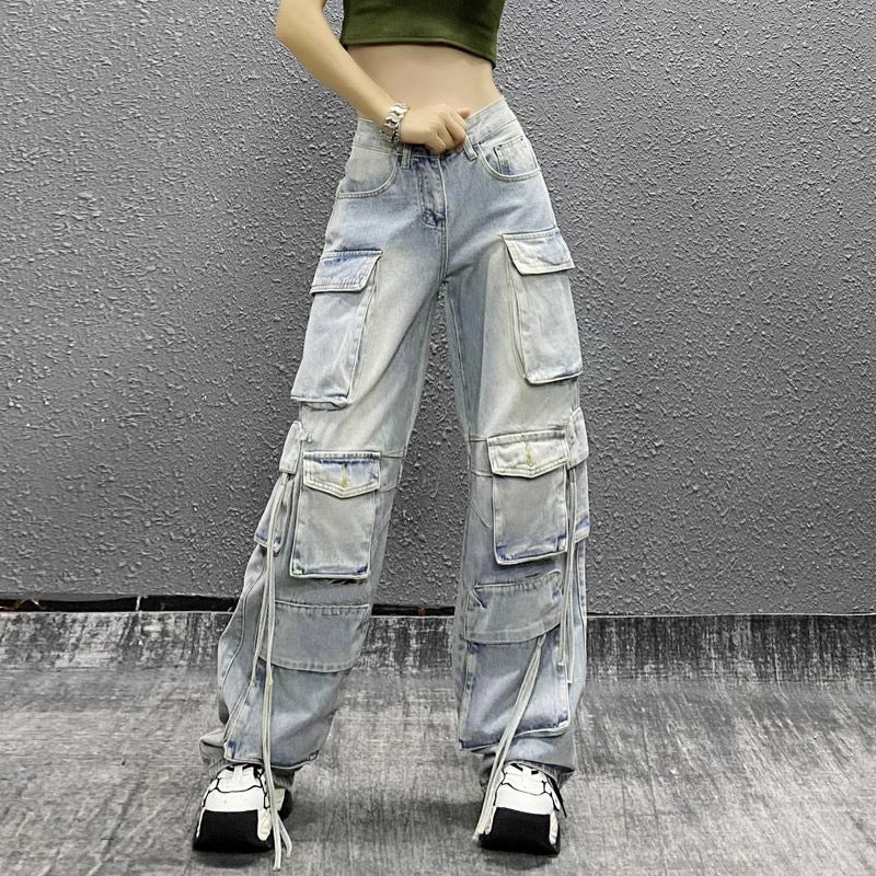 classy outfits men American Style Hip Hop Pants Multi-Pocket Heavy Industry Overalls Women's 2024 Summer High Waist Retro Straight Jeans Women