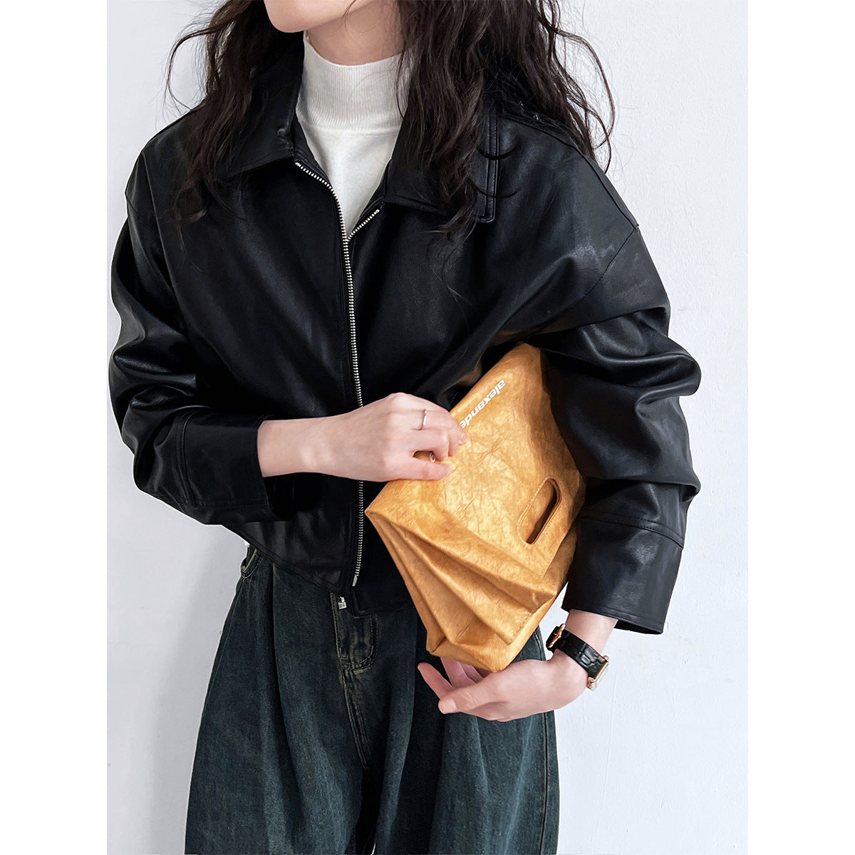 frat outfits Luxi Cool Handsome High Sense ~ Lapel Leather Coat Women's Spring and Autumn Hong Kong Style PU Leather Jacket Motorcycle Top Trendy 9595