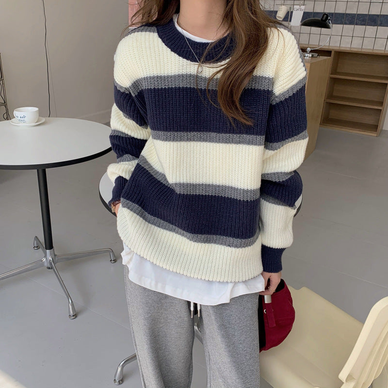 sweater Korean Style Thick Color Matching Loose Lazy round Neck Striped Sweater for Women