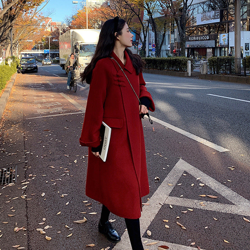 construction worker costume Double-Sided Wool Coat 2024 Autumn and Winter Red Long Vintage Wedding Woolen Coat