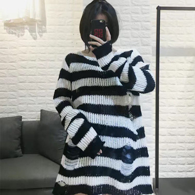 off shoulder  Ripped Ripped Mid-Length Sweater Women's Couple Striped Loose Punk Dark Sweater All-Match Sweater