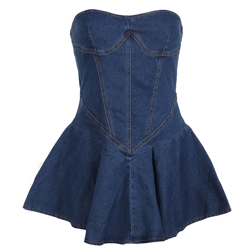 birthday outfits Women's Wrapped Chest Sleeveless Backless Split Stitching Tight Slimming Sexy Characteristic A- line Denim Dress Short Skirt