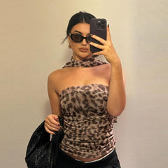 JazzHer Vintage Skirt Set For Women 2024 Spring Leopard Print Causal Suit High Waist A-Line Skirt+Halterneck Off-Shoulder Tube