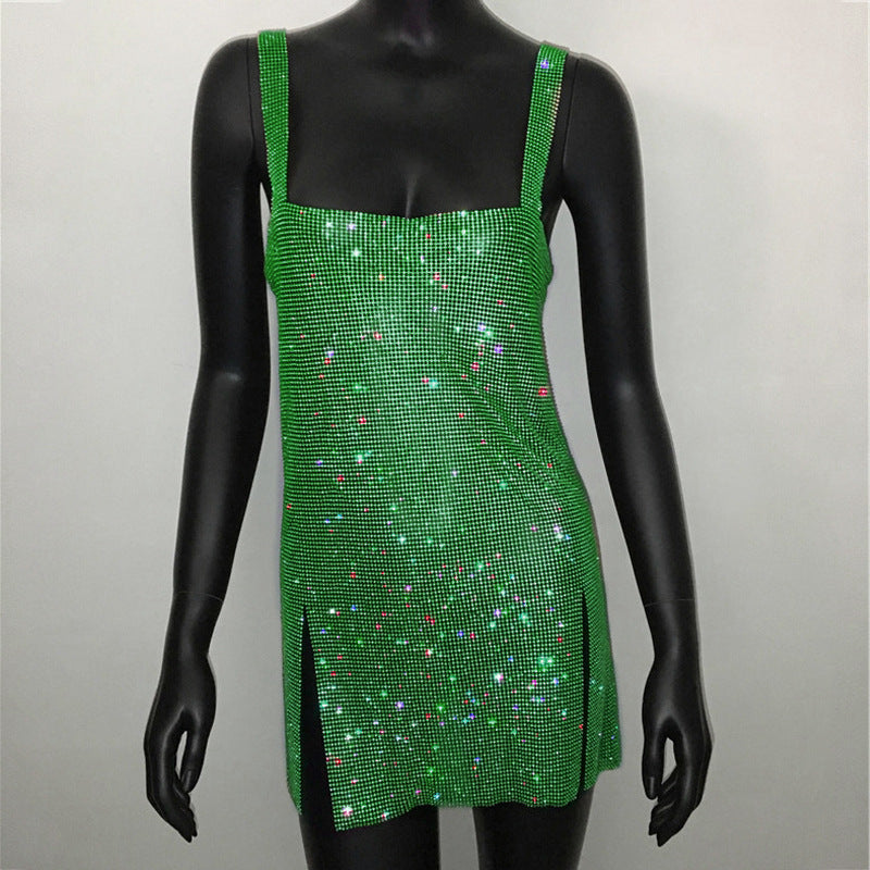 cybergoth dress to impress Fashion Women's Sexy Low Cut Rhinestone Dress Hot Girl Short Skirt Metal Suspender Dress Gown