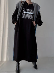 JazzHer 2024 Fall Fashion Simple Letter Print Denim Splt-joint Long Sleeve Sweatshirt Dress