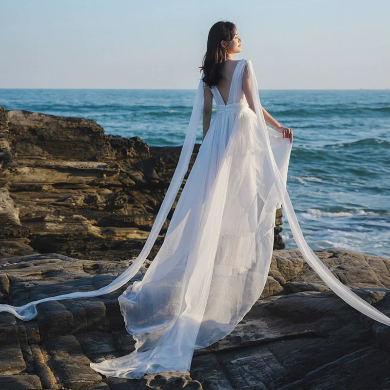 JazzHer-White Elegant Dress Sling Mop Light Wedding Dress Super Long Beach Dress Seaside Photograph Clothes Super Fairy