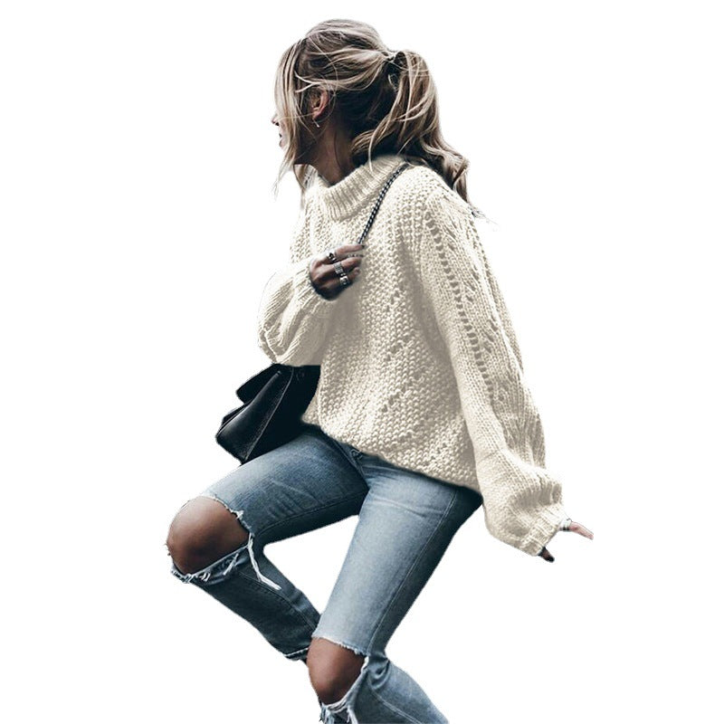 sweater Street Shooting New Autumn and Winter New Women's Clothing Solid Color round Neck Pullover Long Sleeve Hollow-out Vulnerability Sweater