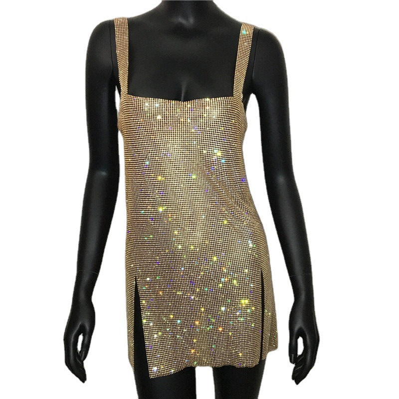 cybergoth dress to impress Fashion Women's Sexy Low Cut Rhinestone Dress Hot Girl Short Skirt Metal Suspender Dress Gown