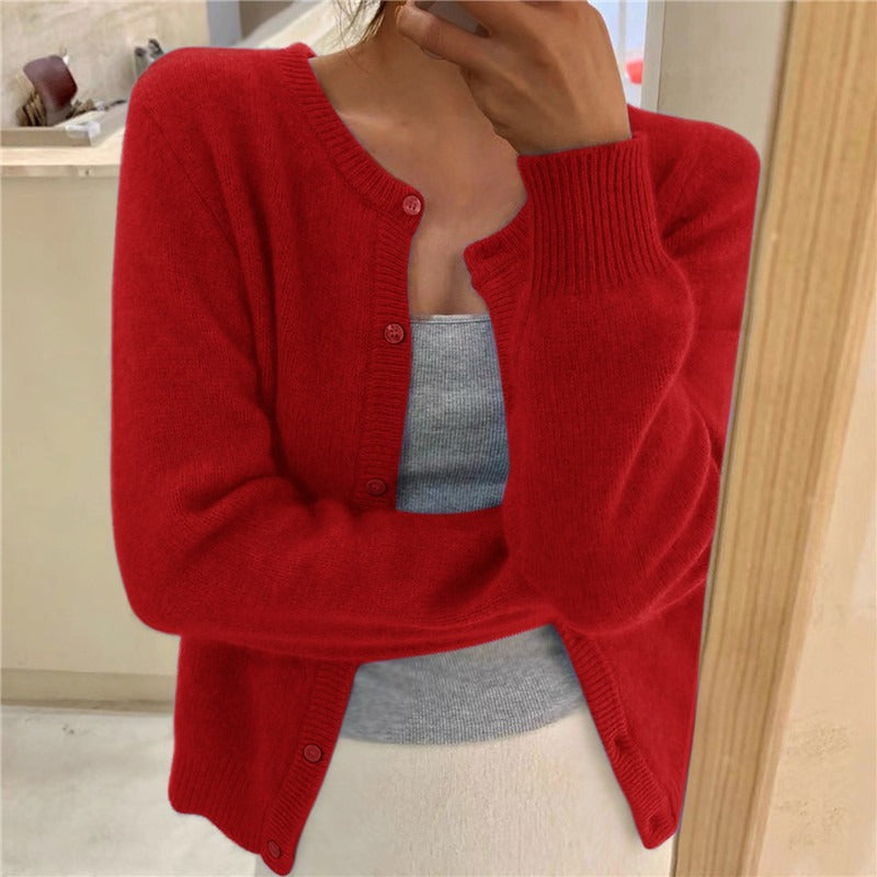 soulja boy outfits Solid Color Knitted Cardigan Single Row Long Sleeve Pullover round Neck Cardigan Coat Sweater for Women