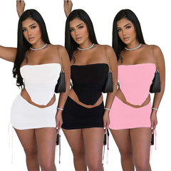 birthday outfits Women's Clothing New Fashion Tube Top Mesh Double-Layer Stitching Pleated Sexy Two-Piece Set