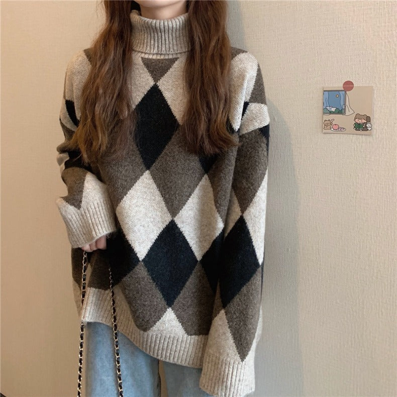 sweater Spring and Autumn New Korean Style Retro Lazy Style Diamond Plaid Color Matching Thickened Warm Loose Turtleneck Sweater for Women