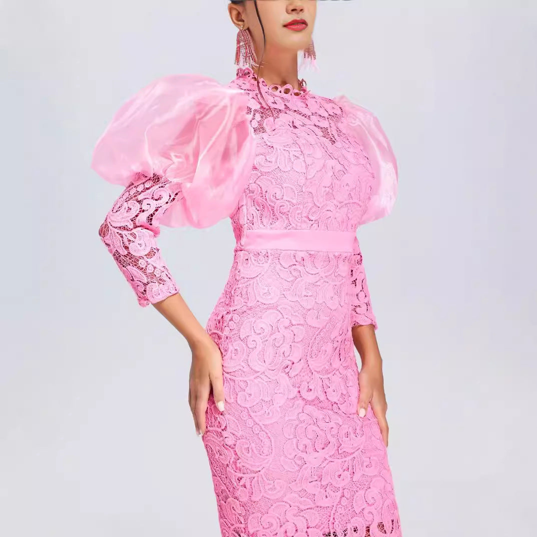 High-End Dress Dress Lace See-through Puff Sleeve Slim Party Dress Elegant Exquisite Women Dress