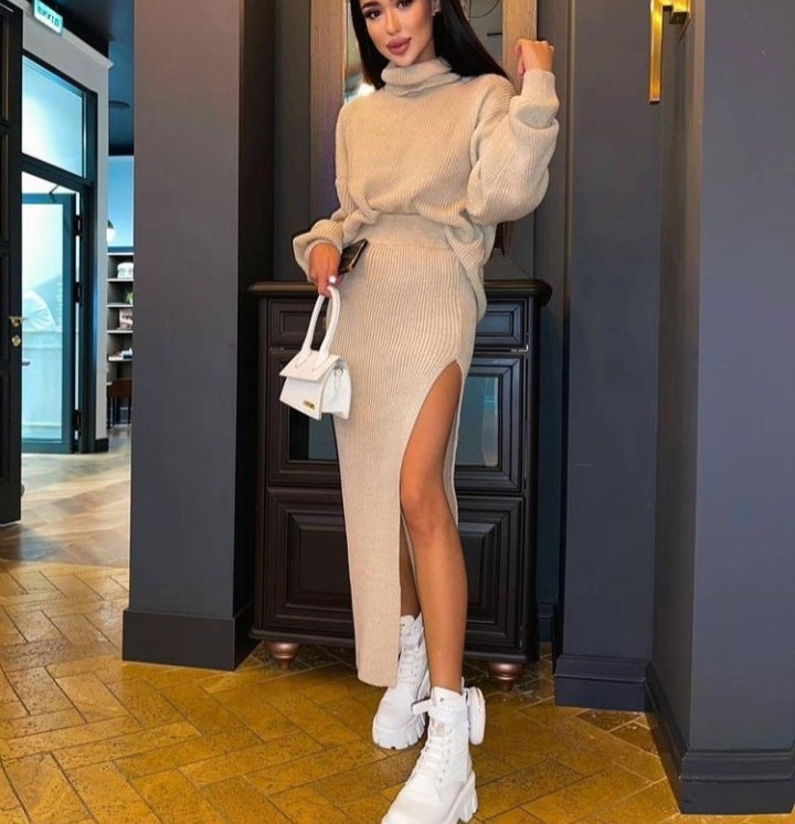 men’s fall fashion 2024 Hot Sale Autumn and Winter New Turtleneck Loose Pullover Top Split Sexy Long Skirt Two-Piece Set