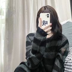 off shoulder  Ripped Ripped Mid-Length Sweater Women's Couple Striped Loose Punk Dark Sweater All-Match Sweater