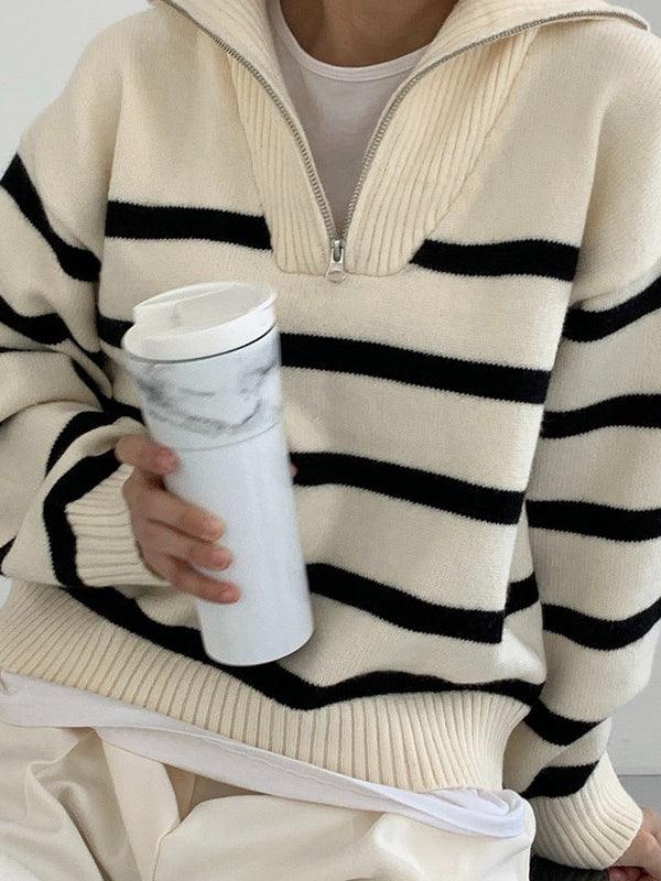 JazzHer 2024 Fall Fashion Lapel Zip Stripe Loose Long Sleeve Pullover Knit Sweater