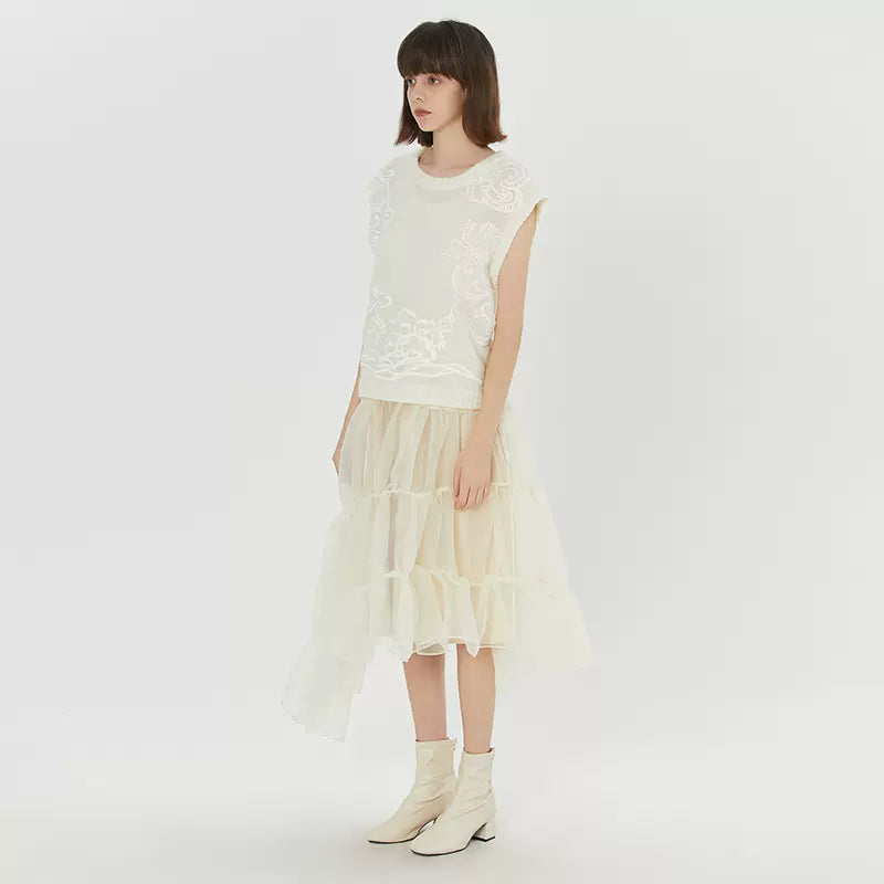 Jazzher Apricot Seersucker Pleated Irregular Skirt