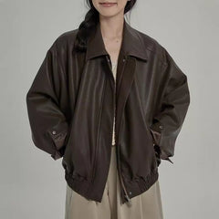 bomber jacket Haveice Restaurant Classic Entry Style Sweet Cool Girl Autumn Simple Draped Soft Jacket Leather Coat