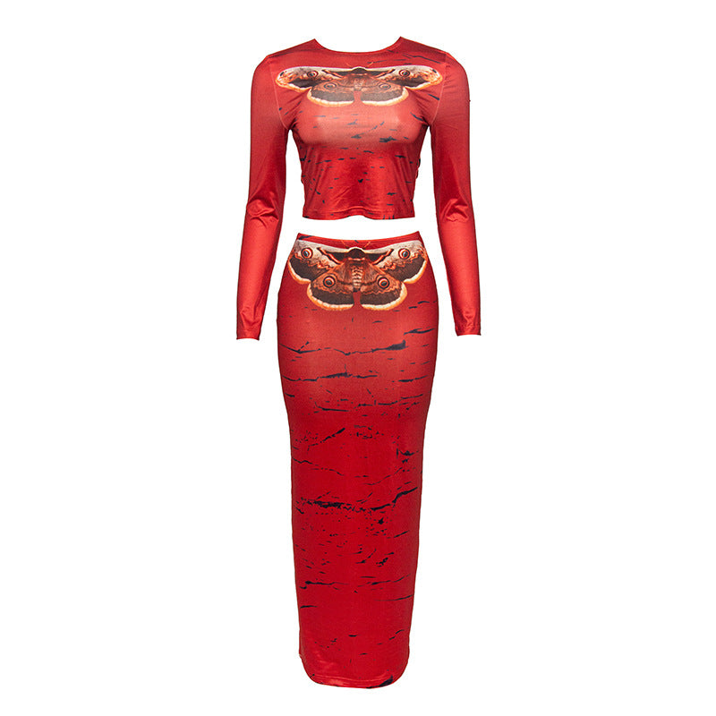 Autumn New round Neck Long Sleeve Personalized Printed Slim High Waist Women's Long Skirt Suit