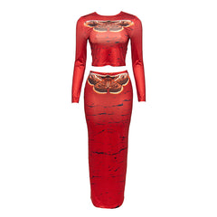 Autumn New round Neck Long Sleeve Personalized Printed Slim High Waist Women's Long Skirt Suit