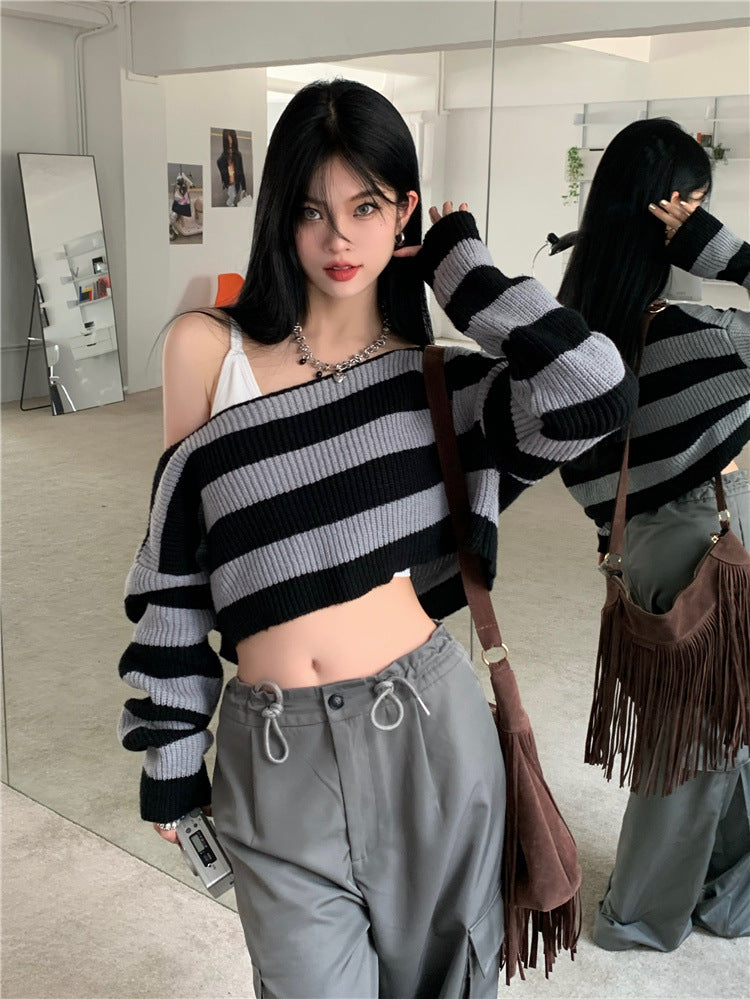 off shoulder  Retro off-Shoulder Short Striped Sweater Women's Autumn New Long Sleeve off-Shoulder Sweater Top