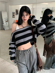 off shoulder  Retro off-Shoulder Short Striped Sweater Women's Autumn New Long Sleeve off-Shoulder Sweater Top