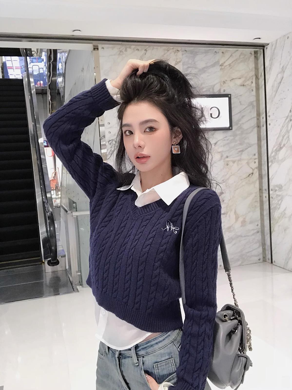 outfit ideas for school Autumn New Solid Color Long-Sleeved Sweater Short Pullover Fake Two-Piece Twist Embroidered V-neck Sweater for Women