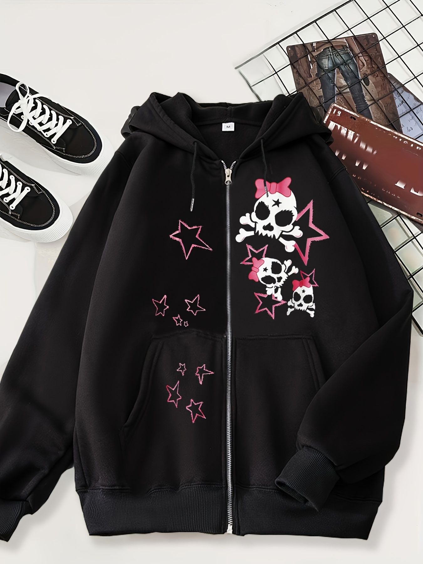 hipster 2024 New Cardigan Sweater Dark Skull Casual American Zipper Men's Style Hoodie Black Trendy Black Coat