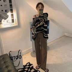 sweater plus Size Women's Striped off-Shoulder Sweater Women's Autumn New Korean Style Retro Lazy Style Loose Slimming Long Sleeve Sweater