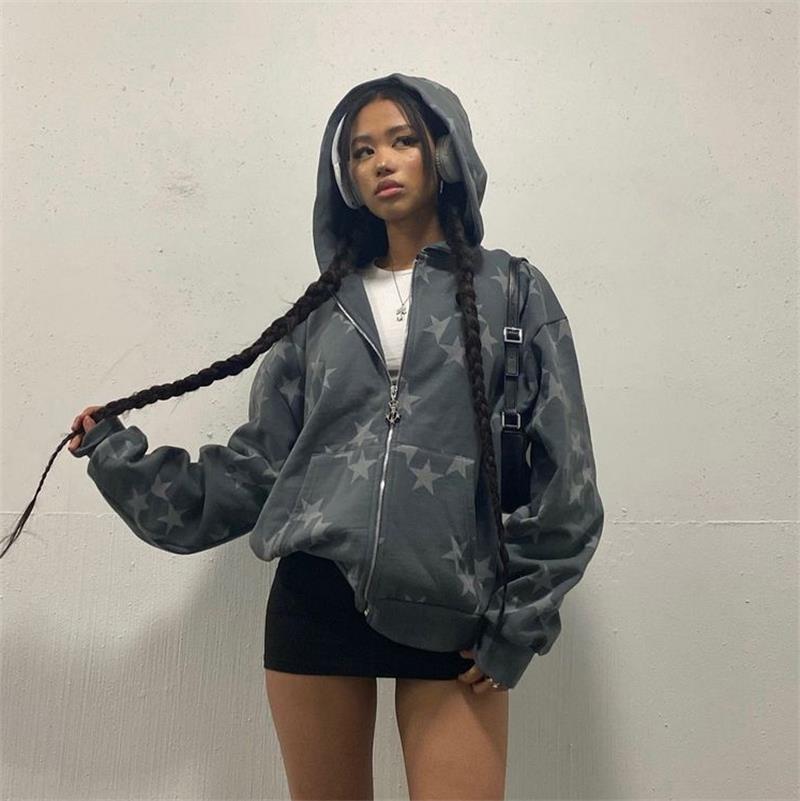 Jazzher 90s streetwear Star Print Hooded Cardigan Zipper Loose Men's and Women's Fashion Brand Sweater Coat FN