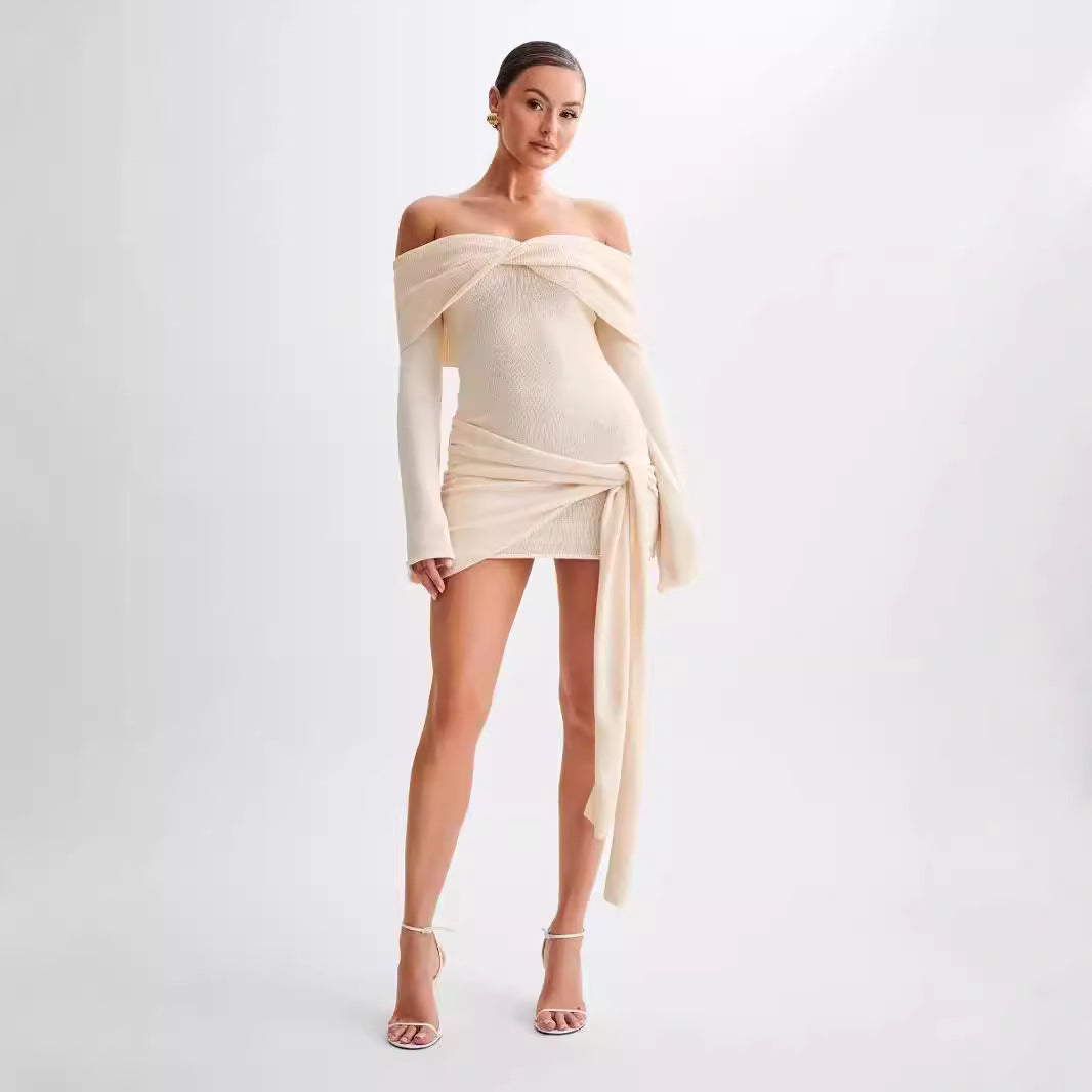 birthday outfits Sweater Dress Knitted off-Shoulder Irregular Strap Sweater Evening Dress