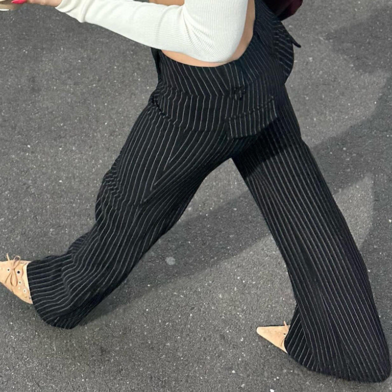 classy outfits men American Style Street Style Striped Contrast Color Skinny Casual Trousers Women's Low Waist Slim Slimming Straight Woven Pants