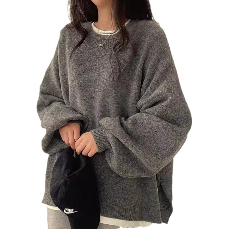 soulja boy outfits Chic Autumn and Winter French Style Lazy round Neck Side Slit Loose Casual All-Match Long Sleeve Warm Knitted Sweater