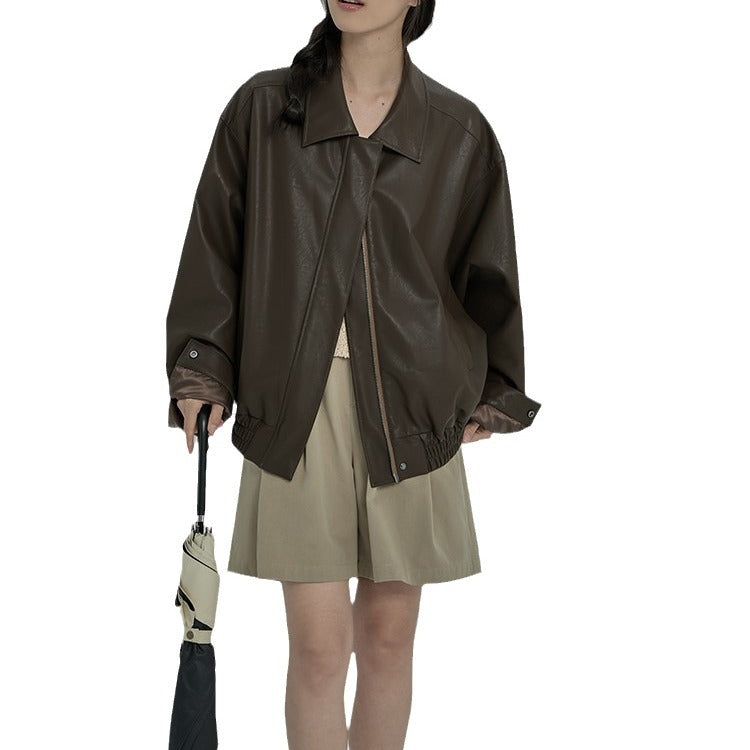 bomber jacket Haveice Restaurant Classic Entry Style Sweet Cool Girl Autumn Simple Draped Soft Jacket Leather Coat