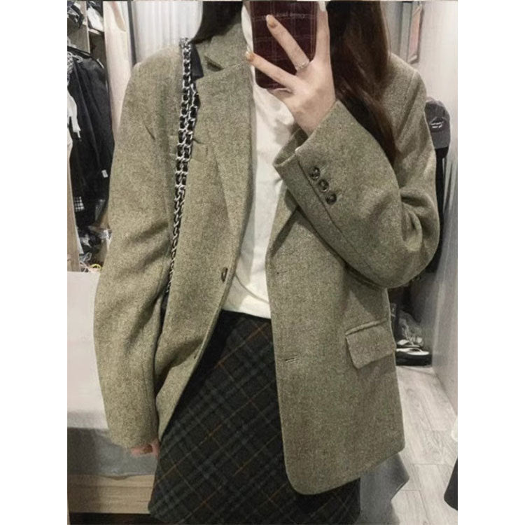 frat boy outfits Vintage Wool Variegated Woolen Suit Coat Coat Autumn and Winter Korean Style High-Grade Quilted Loose Suit