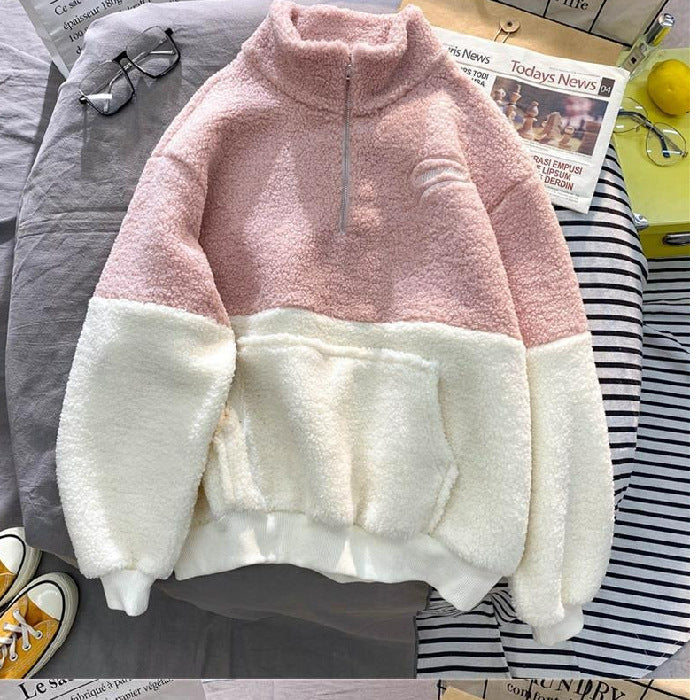 sweater Women's Half Turtleneck Cashmere Sweater Autumn and Winter Fleece-lined Thickened Loose Long Sleeve Half Zipper Pullover Sweater Women's Fashion