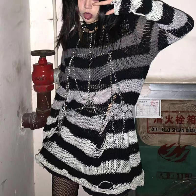 off shoulder  Ripped Ripped Mid-Length Sweater Women's Couple Striped Loose Punk Dark Sweater All-Match Sweater