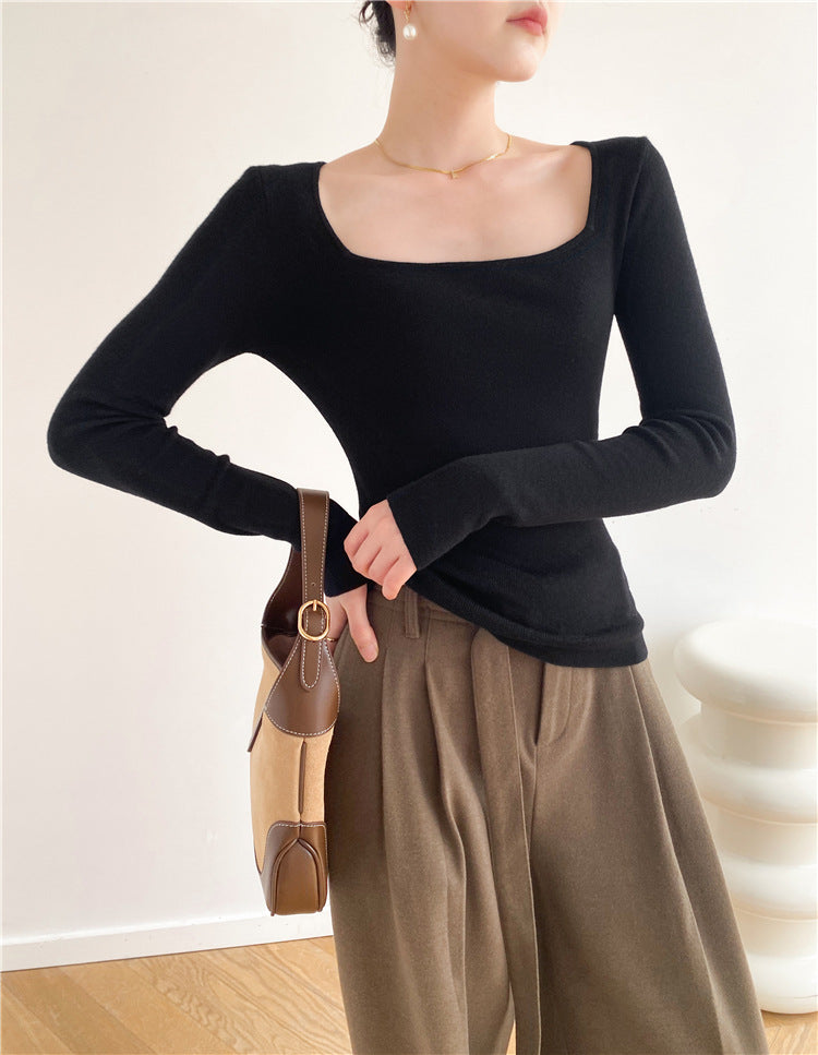 2000s fashion 7356 Autumn and Winter New 14-Pin Cashmere Hong Kong Style Retro Square Collar Leaky Collarbone Slim Slimming Sexy Sweater