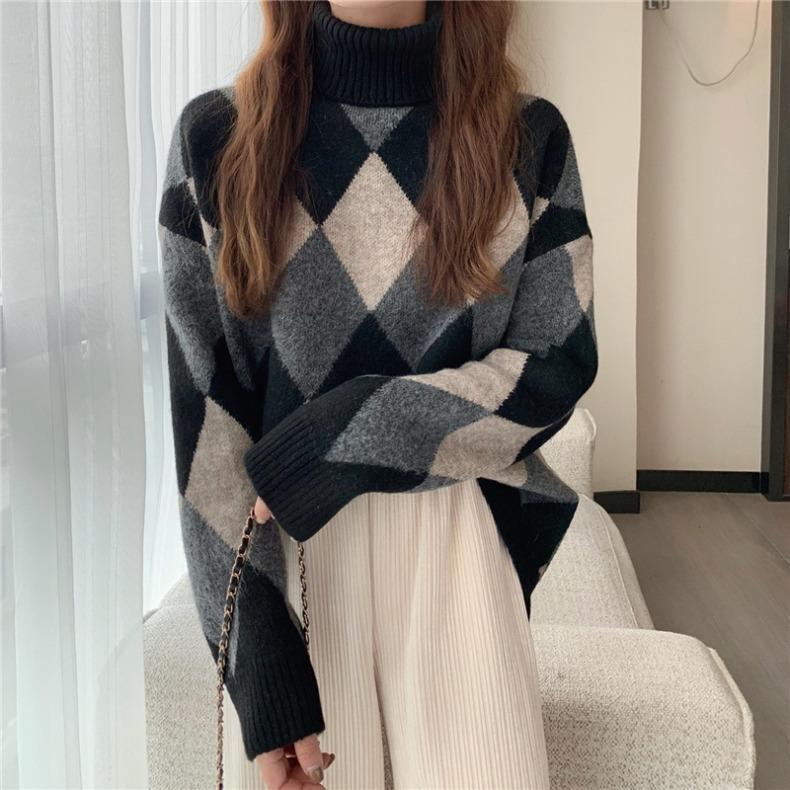 sweater Spring and Autumn New Korean Style Retro Lazy Style Diamond Plaid Color Matching Thickened Warm Loose Turtleneck Sweater for Women