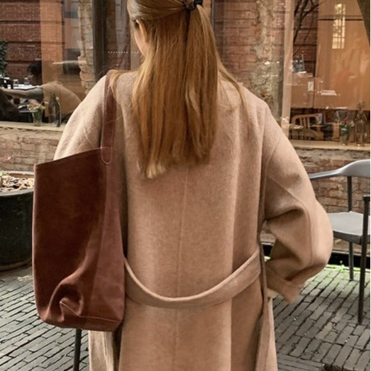 winter fits men Fcy Maillard Camel Double-Sided Wool Coat Autumn and Winter Vintage Belt Bathrobe Korean Style Loose Wool Coat