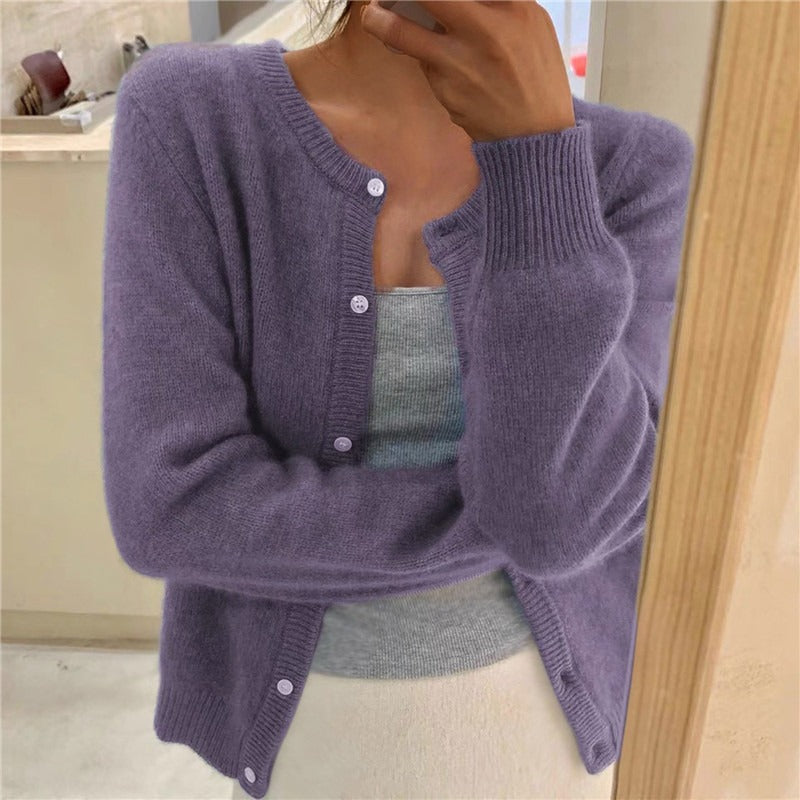 soulja boy outfits Solid Color Knitted Cardigan Single Row Long Sleeve Pullover round Neck Cardigan Coat Sweater for Women