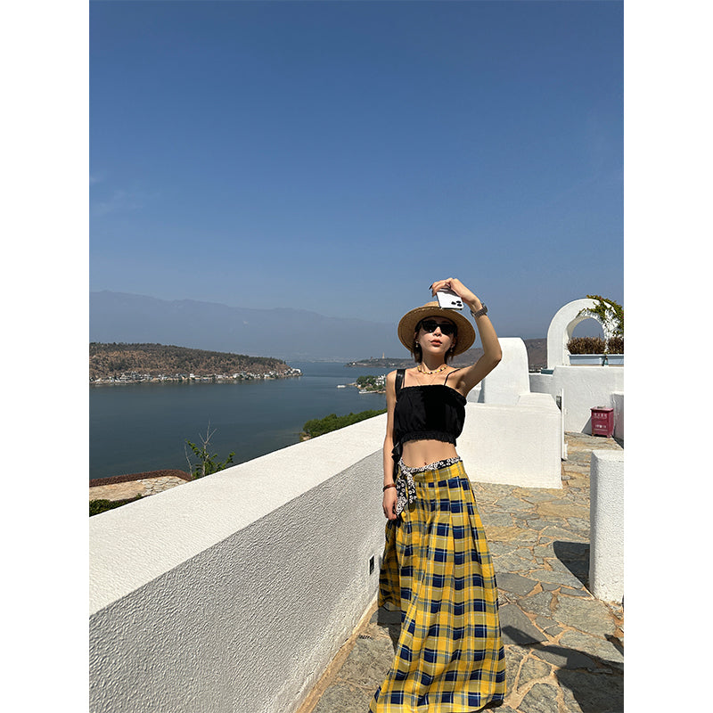 trending fall outfits 2024 Women's Slit Plaid Skirt Summer 2024 New Retro Fashionable Temperament Slimming High Waist Long A- line Skirt