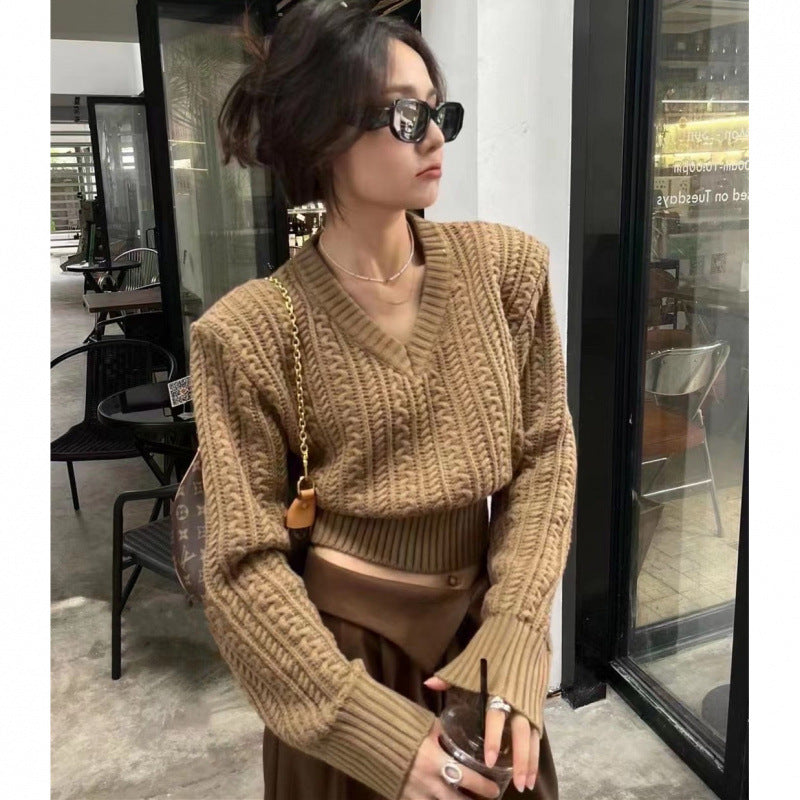 classy outfits men High Waist Thread Pullover V-neck Tight Waist Short Twist Sweater Women's Fashionable Slimming 2024 Autumn and Winter New