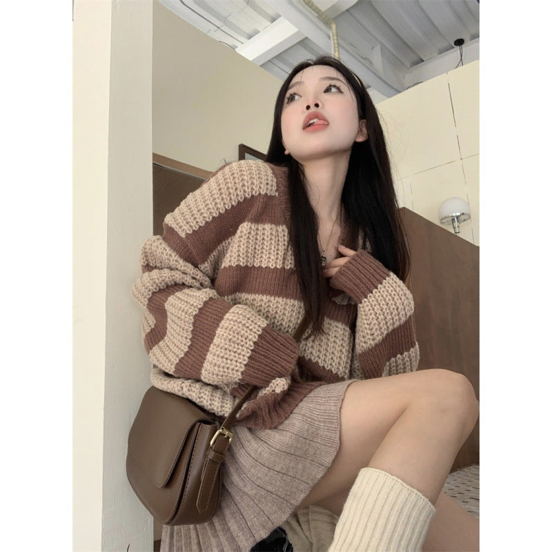 fall fashion outfits Autumn New Korean Style Striped Simple V-neck Contrast Color Loose Mid-Length Lazy Style Slimming Sweater