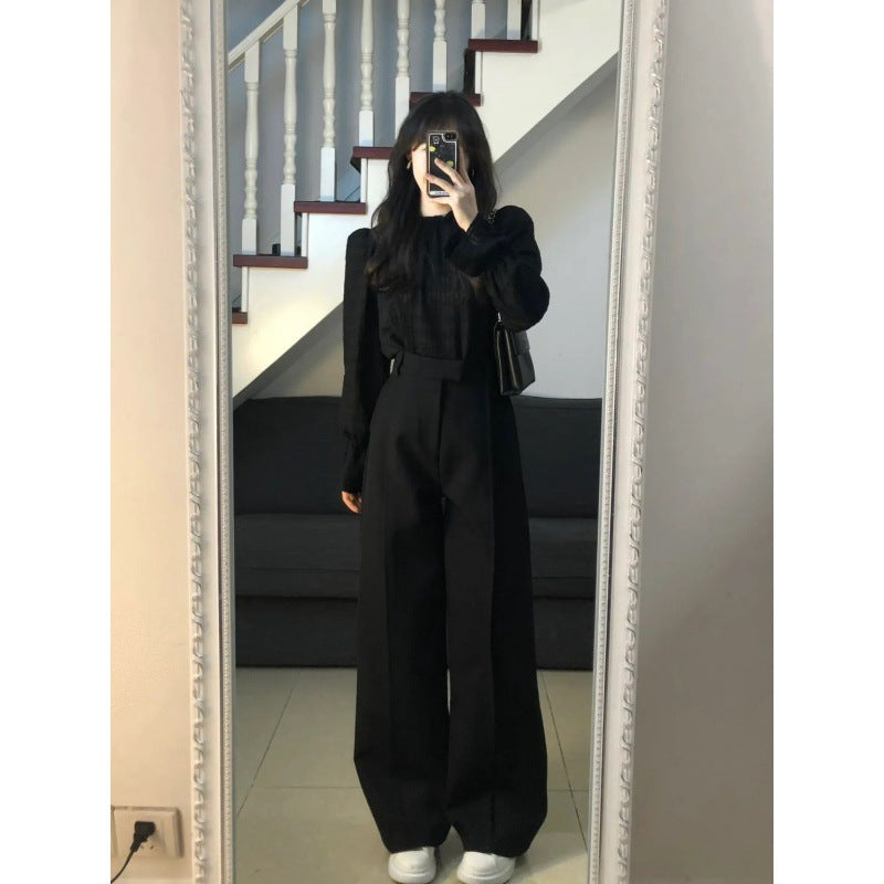 men’s outfits Yujie Style Texture Long-Sleeved Shirt Suit Women's Autumn High Waist Straight Wide-Leg Pants Elegant Black Lantern Sleeve Top