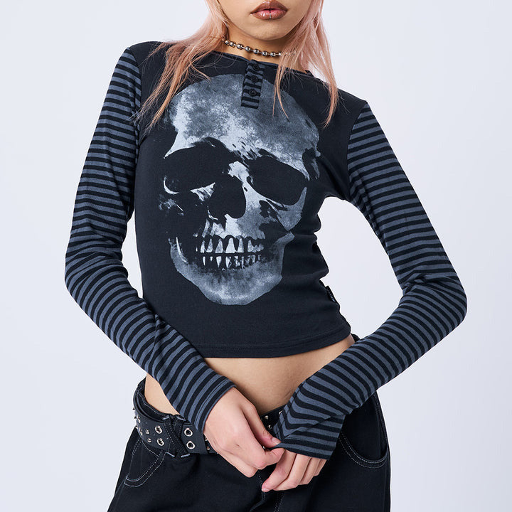 INS Style Women's Clothing Spring New Abstract Skull Printed Long-Sleeved T-shirt Personality Striped Top