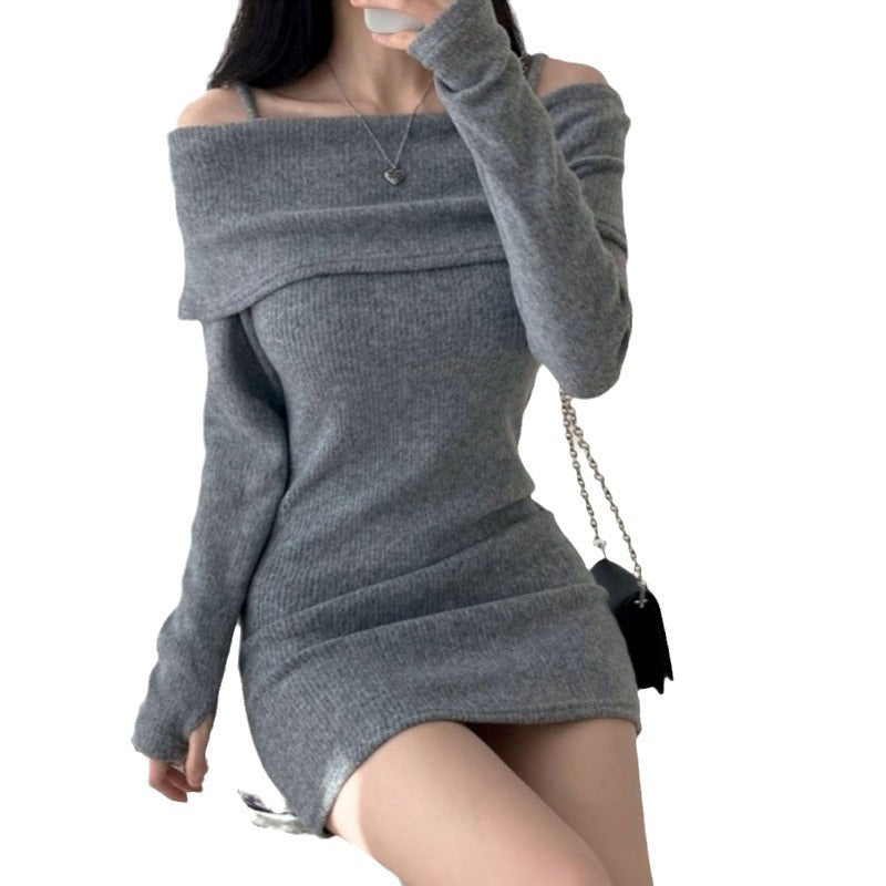 off shoulder off-Shoulder Knitted Sling Dress Women's Autumn and Winter 2024 New Pure Sexy off-Shoulder Rib Waist Hip Skirt