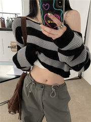 off shoulder  Retro off-Shoulder Short Striped Sweater Women's Autumn New Long Sleeve off-Shoulder Sweater Top