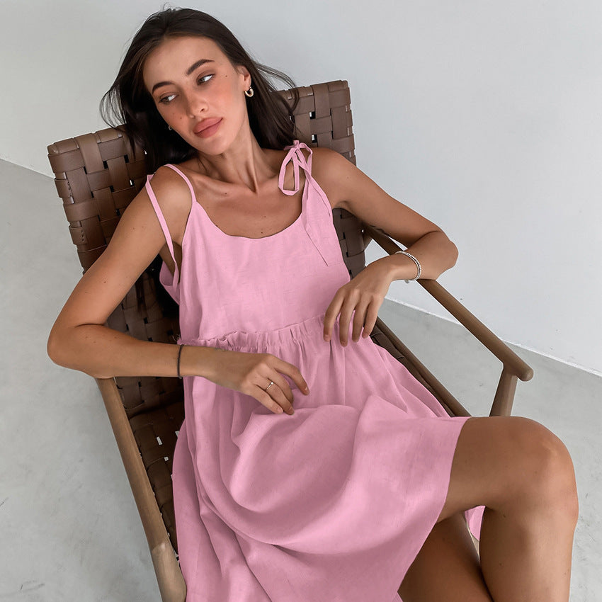 pink dress Summer New Sexy Hot Girl Sling Dress Salt Vacation Loose Cotton Linen A- line Skirt