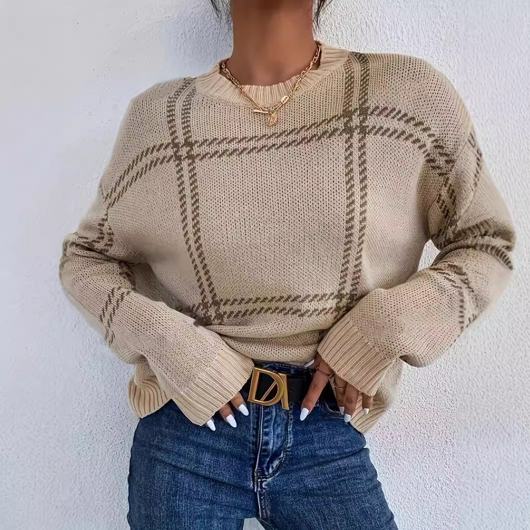 sweater 2024 Autumn and Winter New Fashion Plaid Casual round Neck Knitted Pullover