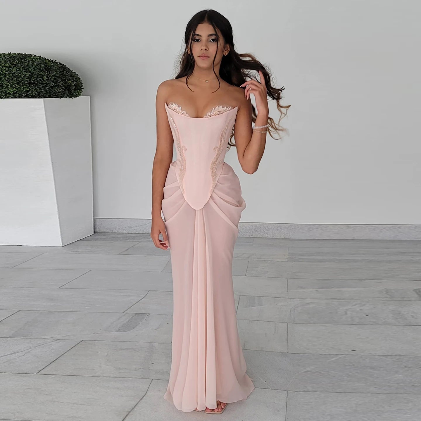 JazzHer Pink Embellished Corset Draped Mesh Maxi Dress